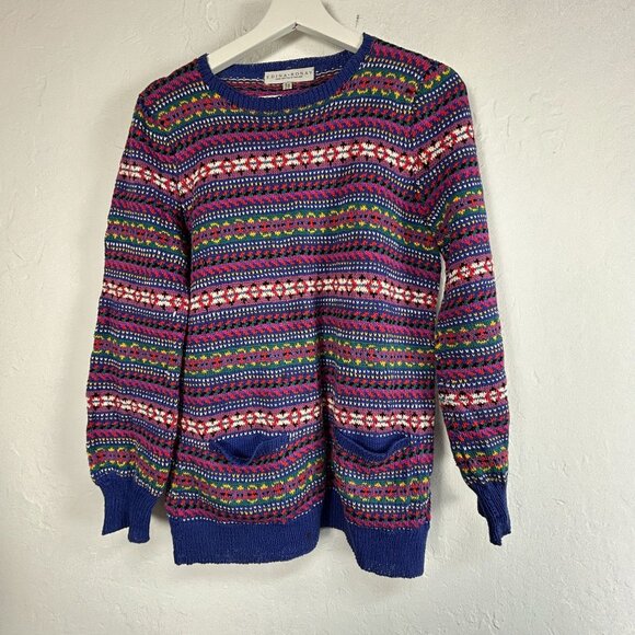 Edina Ronay Women’s Colorful Hand Knitted Sweater Geometric Floral Pullover - Picture 1 of 11